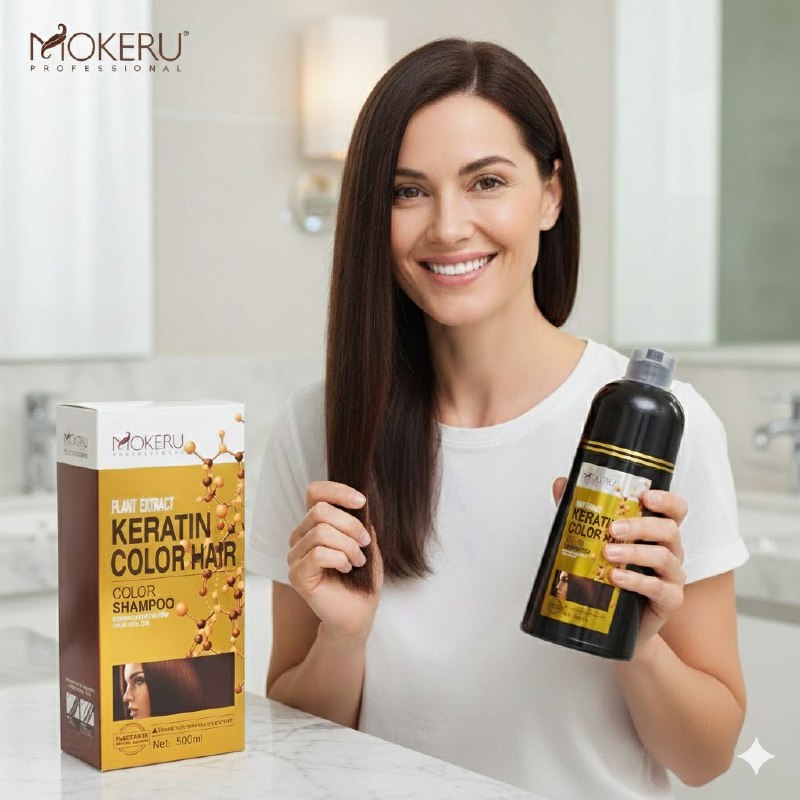 SHAMPOO TINTE PARA EL CABELLO CON QUERATINA CUBRE CANAS MARRÓN OSCURO 02 MOKERU 500ML