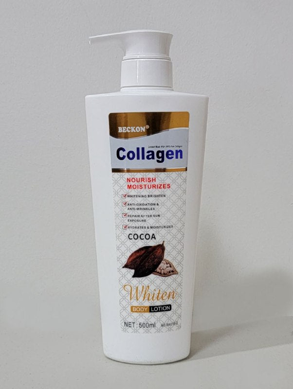 CREMA CORPORAL HIDRATANTE Y BLANQUEADORA CON COLAGENO Y MANTECA DE COCOA BECKON 500ML