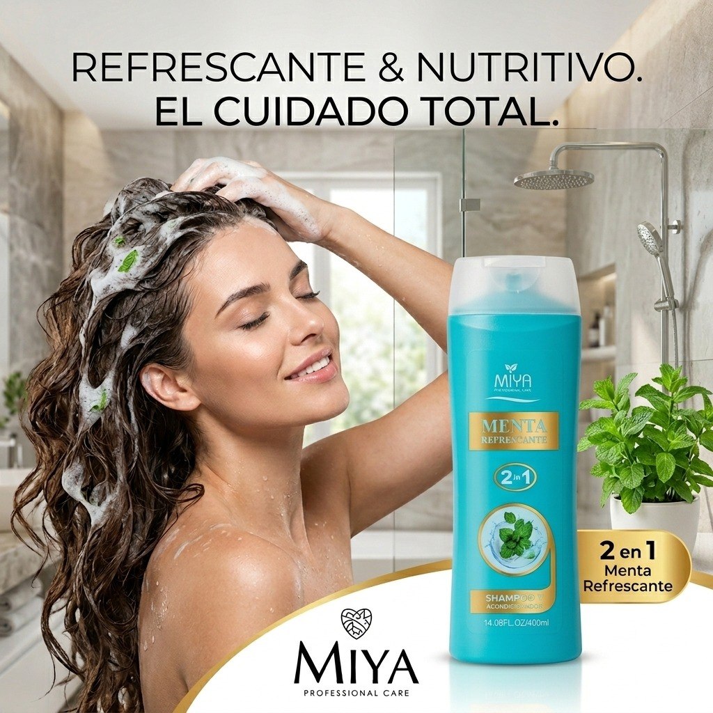 SHAMPOO 2 EN 1 DE LIMPIEZA Y SUAVIZADO REFRESCANTE CON EXTRACTO DE MENTA MIYA 400ML