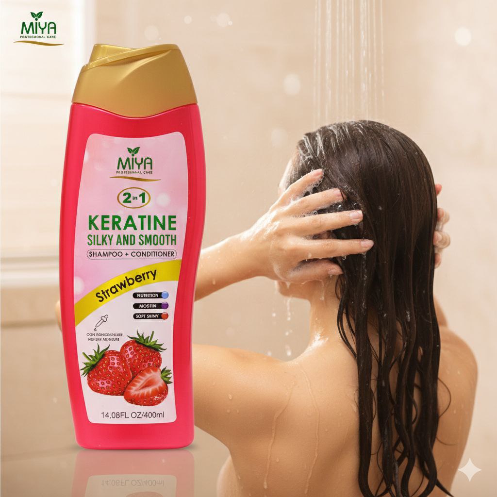 SHAMPOO Y ACONDICIONADOR 2 EN 1 CON QUERATINA Y FRESA MIYA 400ML