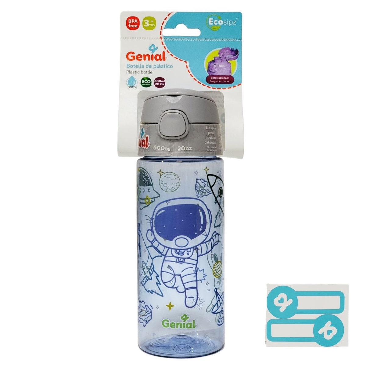 BOTELLA PLASTICA INFANTIL PORTATIL CON BOTON DE APERTURA GENIAL 600ML