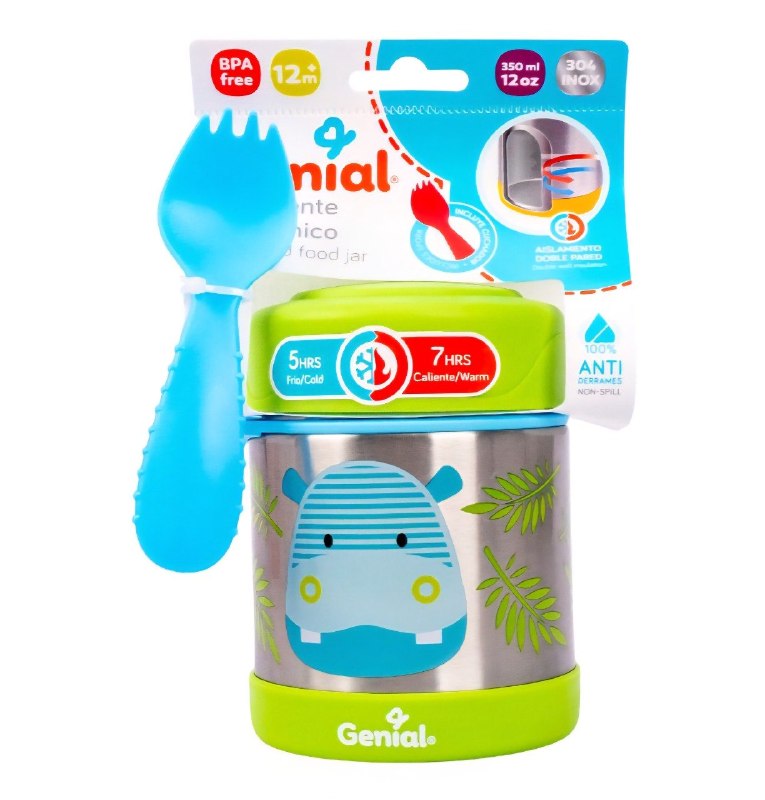 RECIPIENTE TERMO PARA ALIMENTOS DE ACERO INOXIDABLE CON CUCHADOR INFANTIL GENIAL 350ML