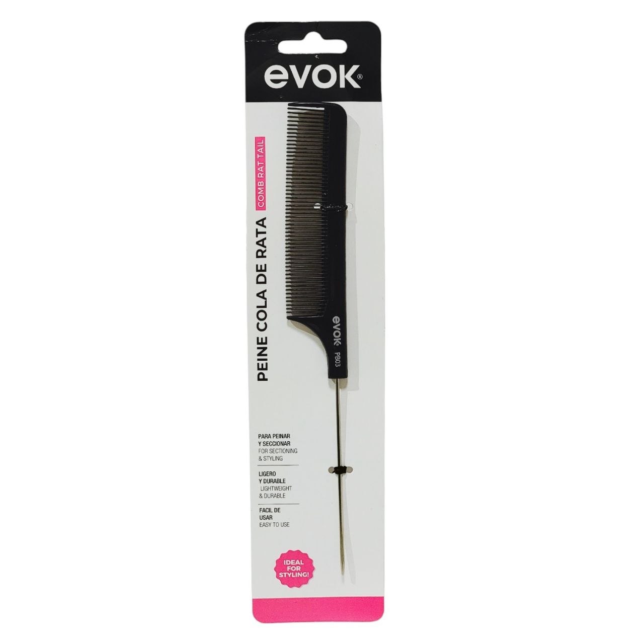 PEINE PARA EL CABELLO COLA DE RATA PARA SECCIONAR DE ACERO INOXIDABLE EVOK