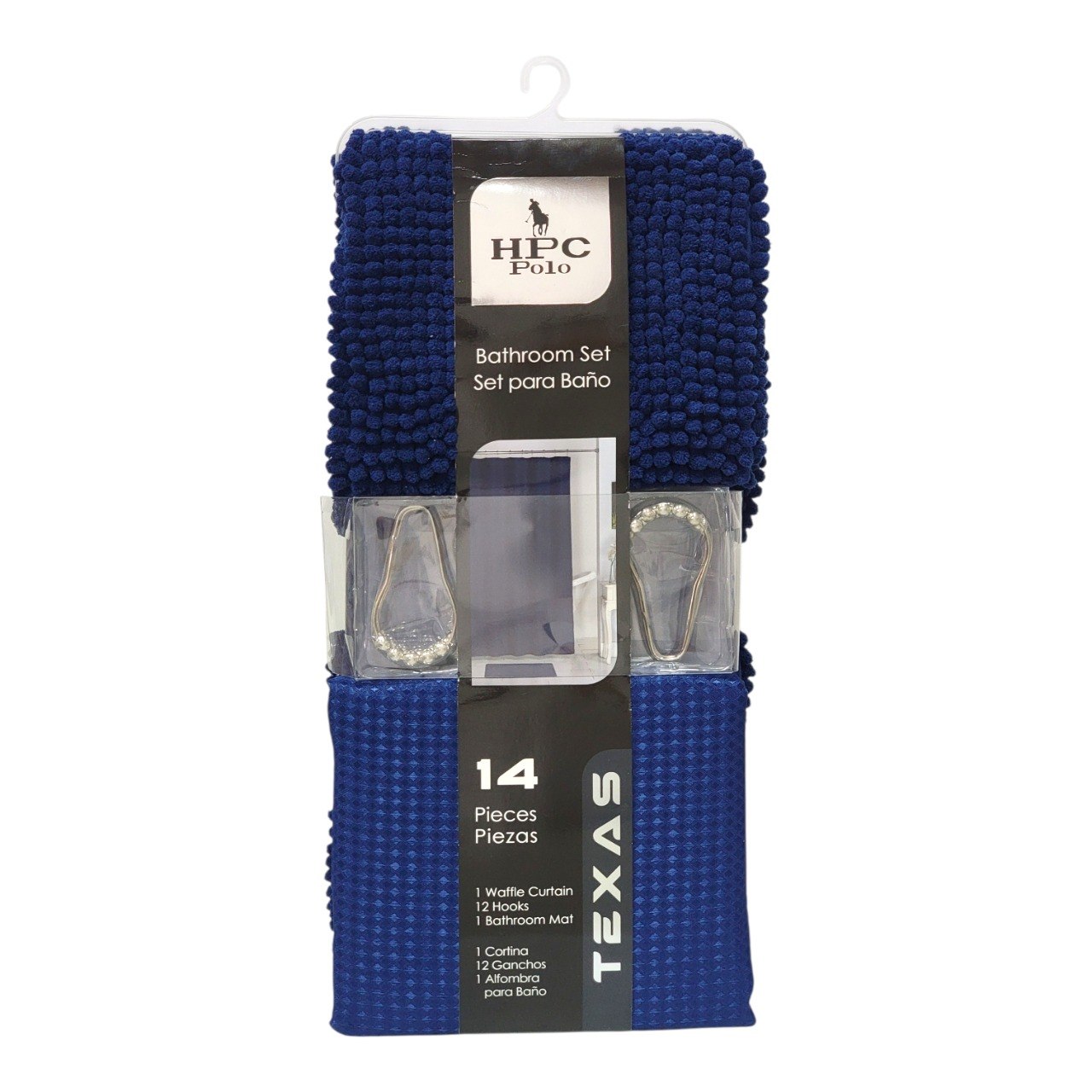 SET DE BAÑO DE ALFOMBRA Y CORTINA COLOR AZUL MARINO 3PCS HPC POLO