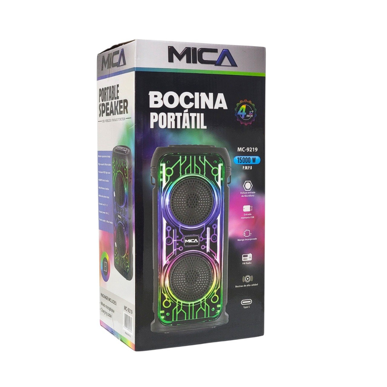 BOCINA INALAMBRICA PORTATIL CON LUCES LED RGB Y MICROFONO MICA