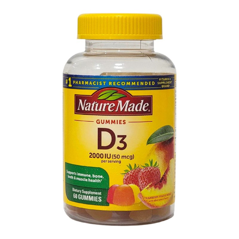 VITAMINAS EN GOMITAS FAVORECEN LA SALUD INMUNITARIA, OSEA, HORMONAL Y MUSCULAR, 2000UI 50MCG, SABOR FRESA, MELOCOTON Y MANGO NATURE MADE D3, 60UND
