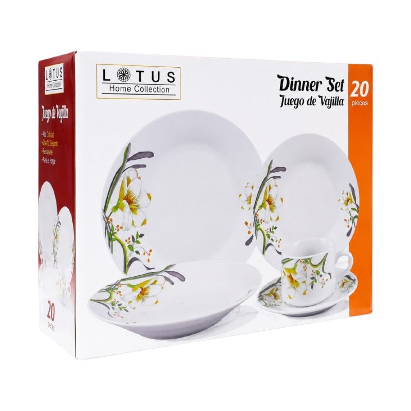 JUEGO DE PLATOS VAJILLA DE PORCELANA CON DISEÑO FLORAL ELEGANTE LOTUS 20PCS