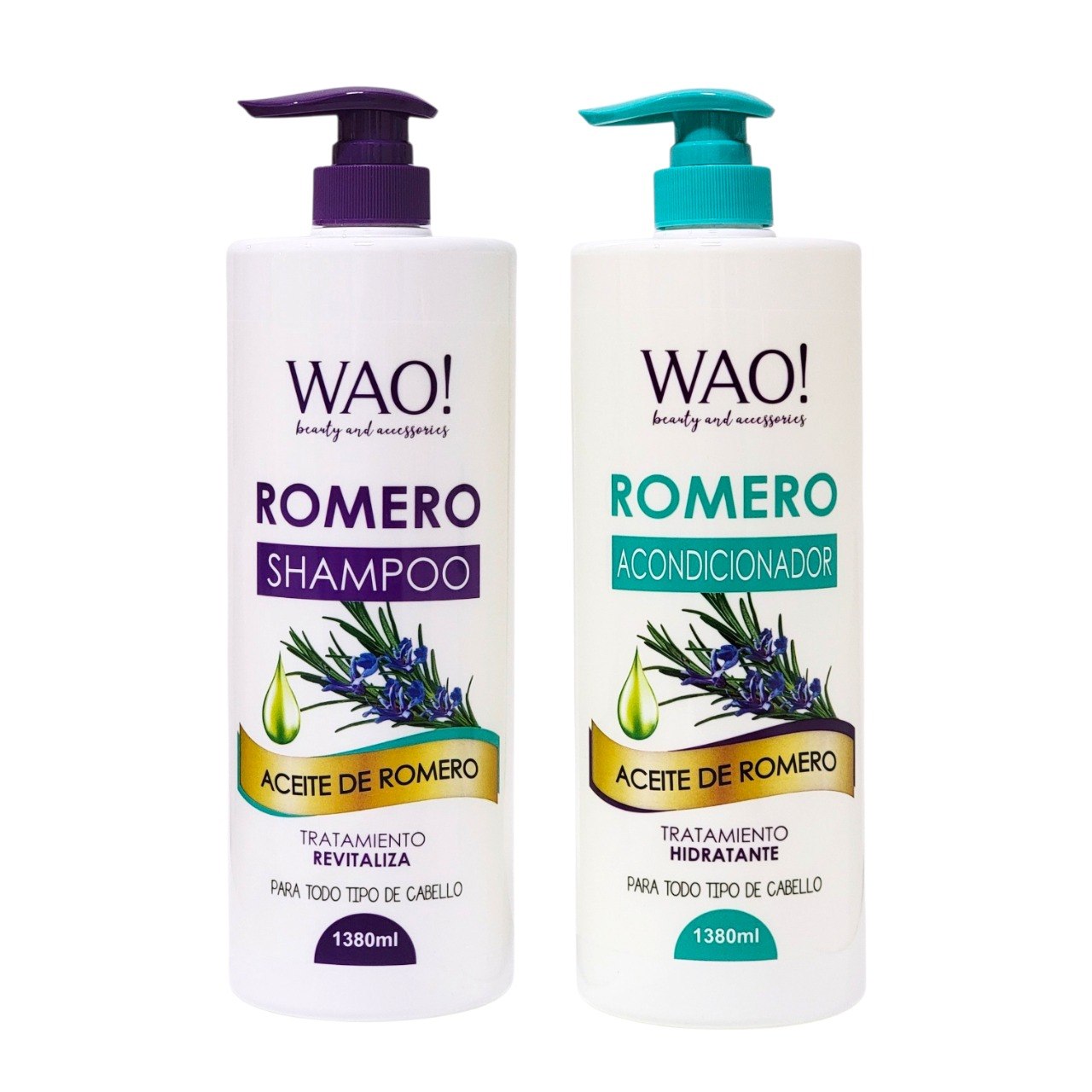 SET DE SHAMPOO Y ACONDICIONADOR ANTICAIDA Y ESTIMULANTE CON ACEITE DE ROMERO WAO BEAUTY 1380MLX2