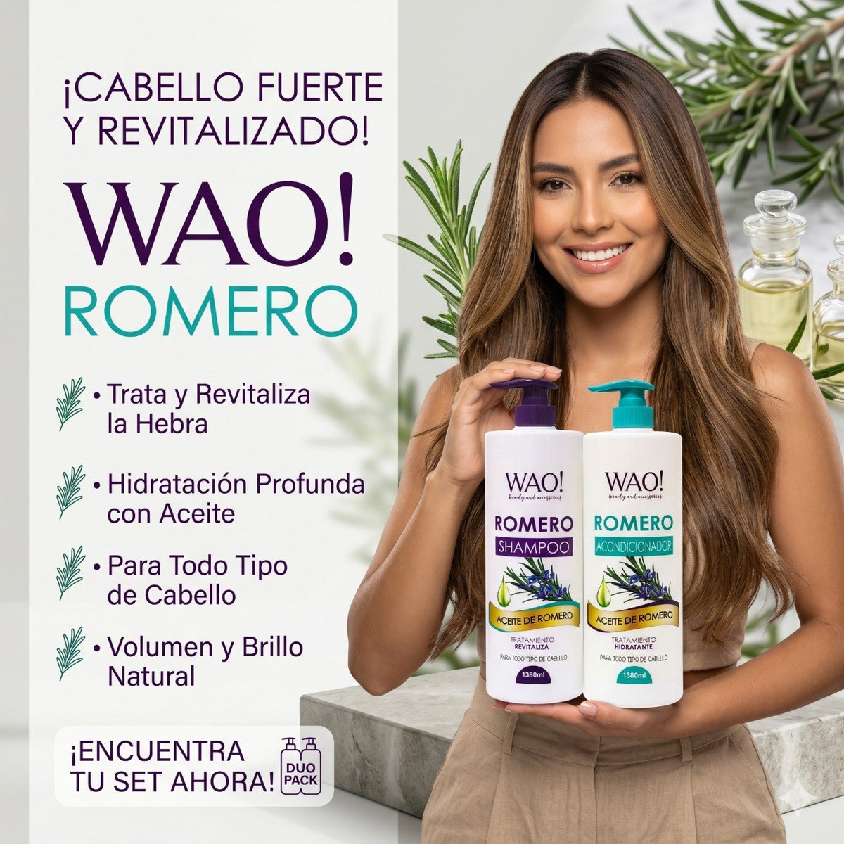 SET DE SHAMPOO Y ACONDICIONADOR ANTICAIDA Y ESTIMULANTE CON ACEITE DE ROMERO WAO BEAUTY 1380MLX2