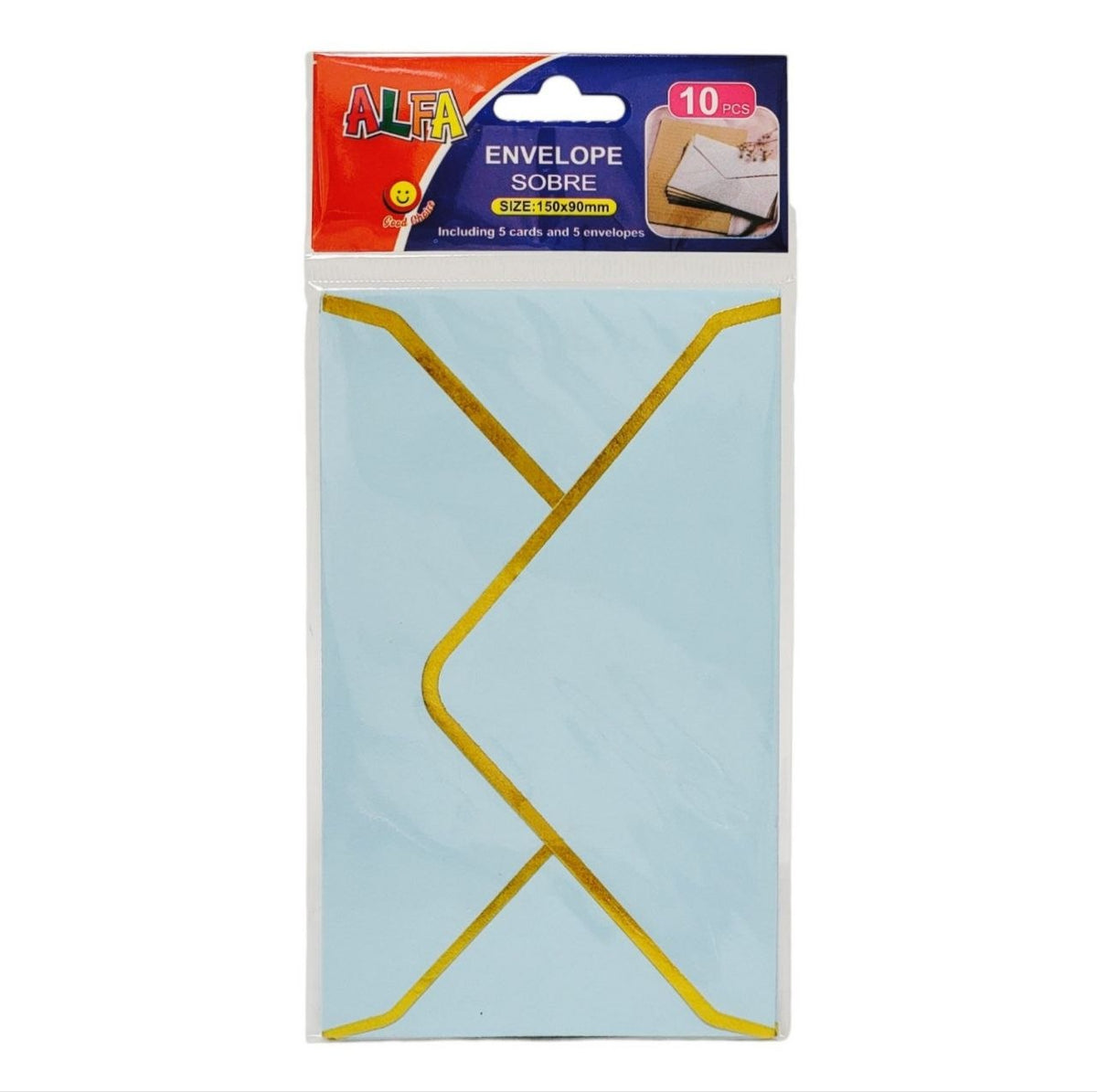SET DE TARJETAS Y SOBRES CON BORDES DORADOS 10UND ALFA 150X90MM