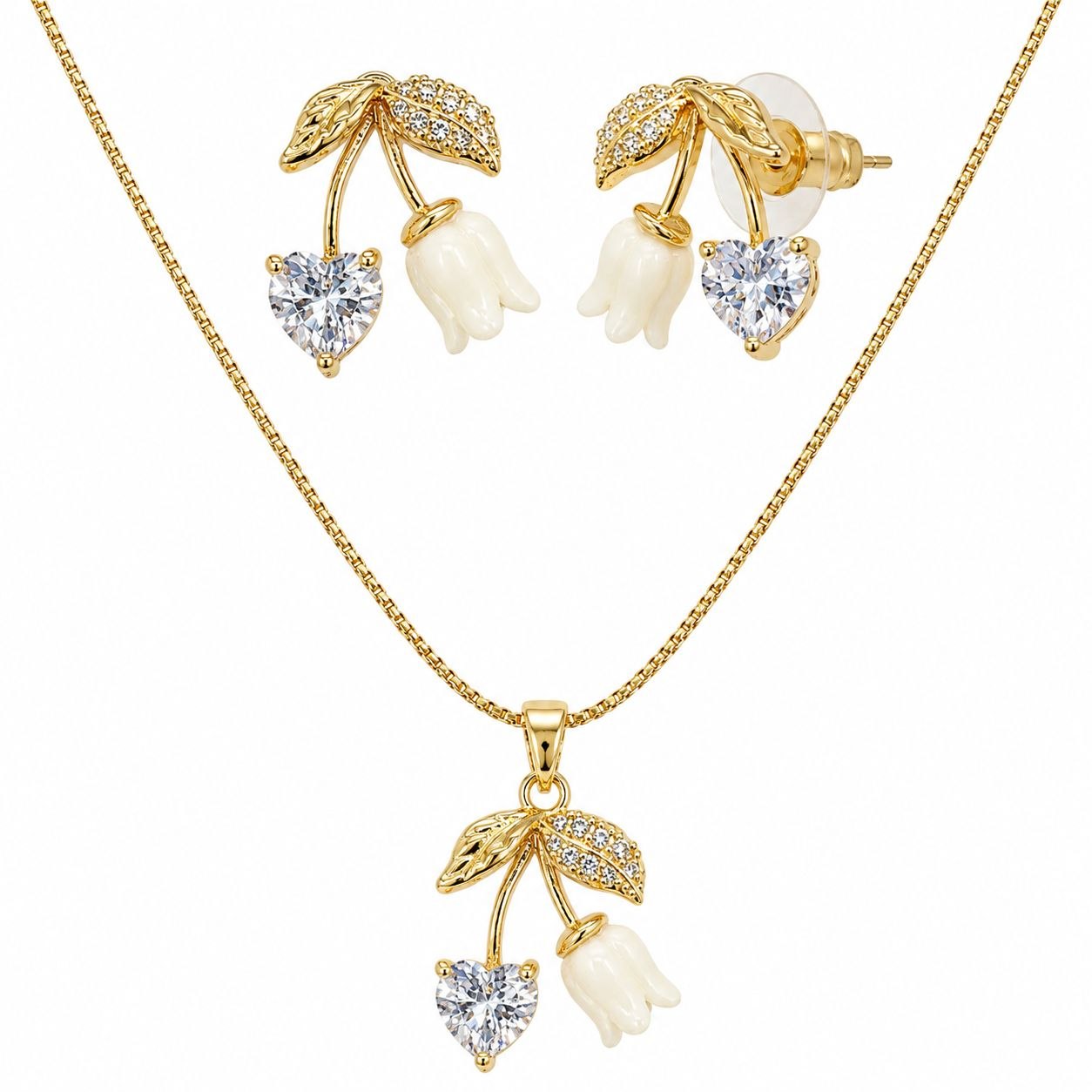 SET DE ENCHAPE PARA DAMA CON DISEÑO DE RAMA FLORAL CON CRISTAL DE CORAZÓN Y FLOR BLANCA