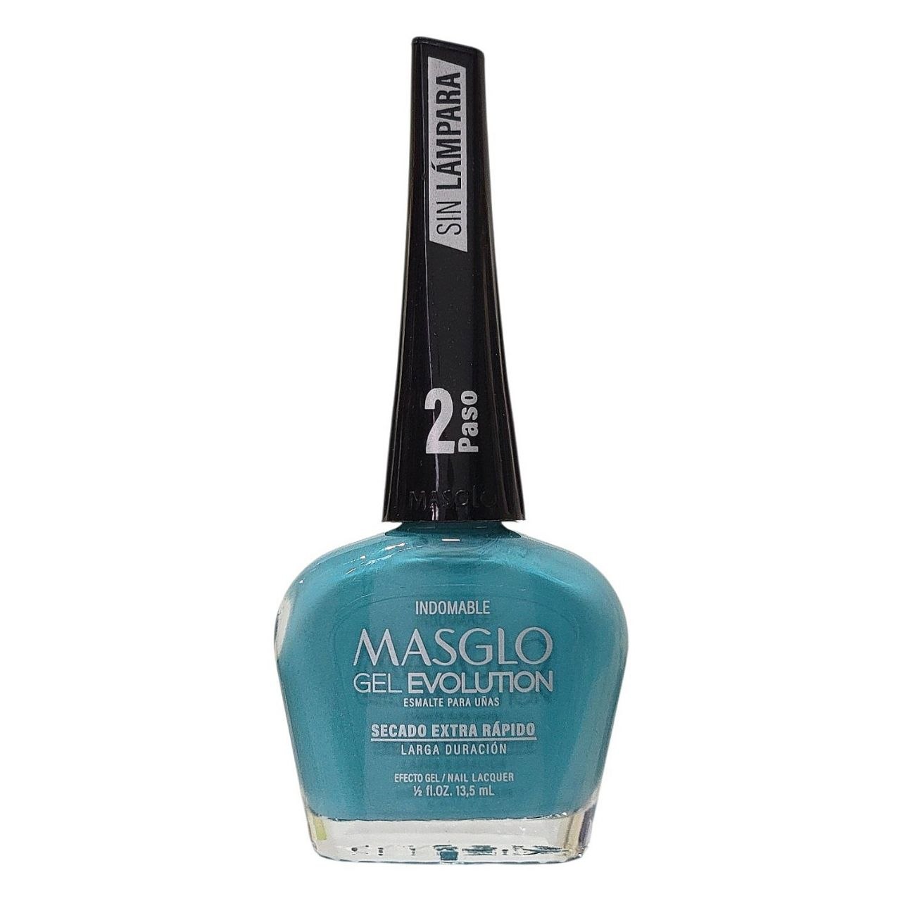 ESMALTE PARA UÑAS DE SECADO RAPIDO COLOR AZUL TURQUESA SUAVE INDOMABLE GEL EVOLUTION MASGLO 13.5ML