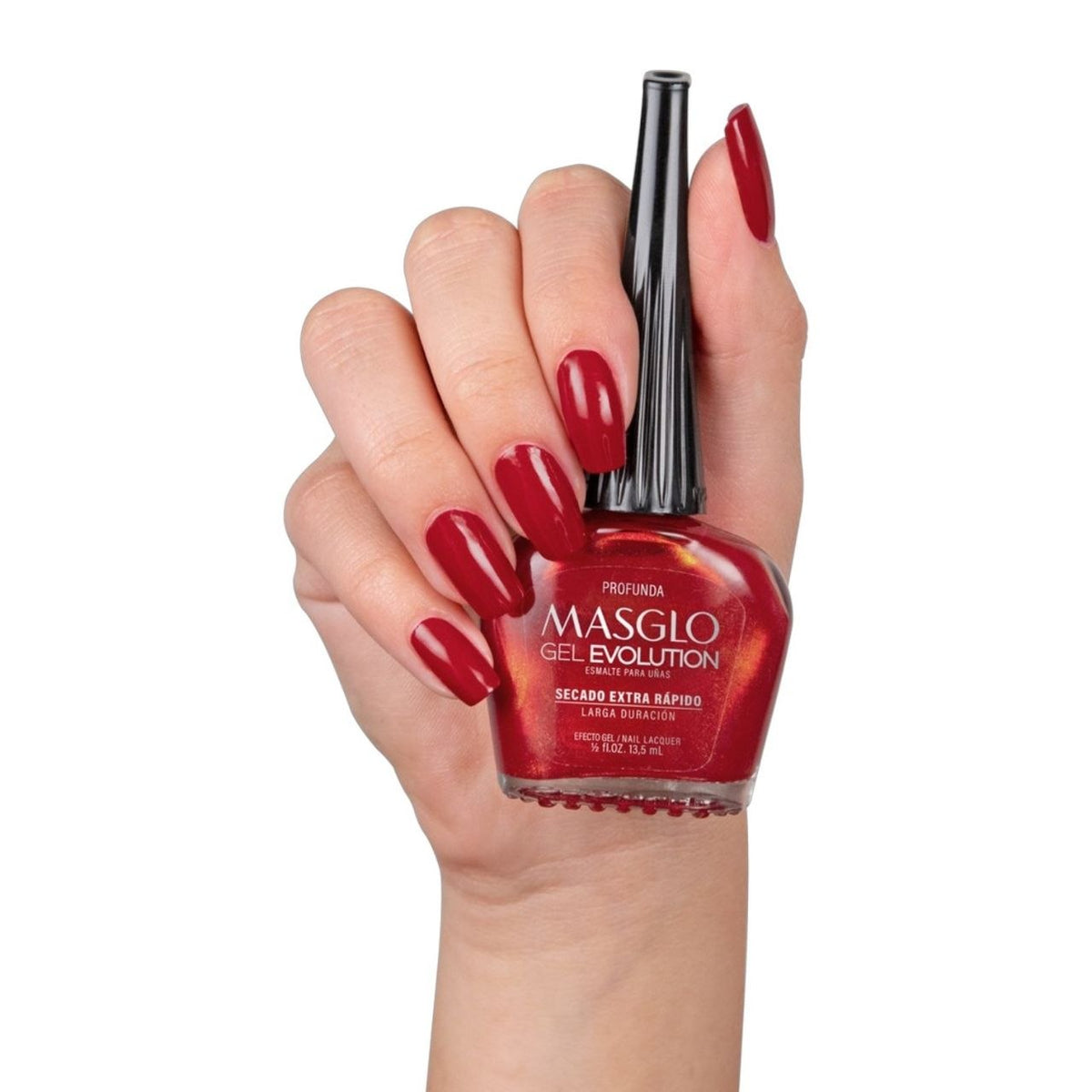 ESMALTE PARA UÑAS DE SECADO RAPIDO COLOR ROJO ESCARLATA PROFUNDA GEL EVOLUTION MASGLO 13.5ML