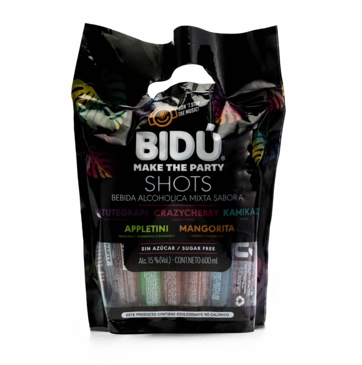 SET DE SHOTS SABORIZADOS SIN AZUCAR 15% GRADO DE ALCOHOL 20UND BIDU 30ML C/U