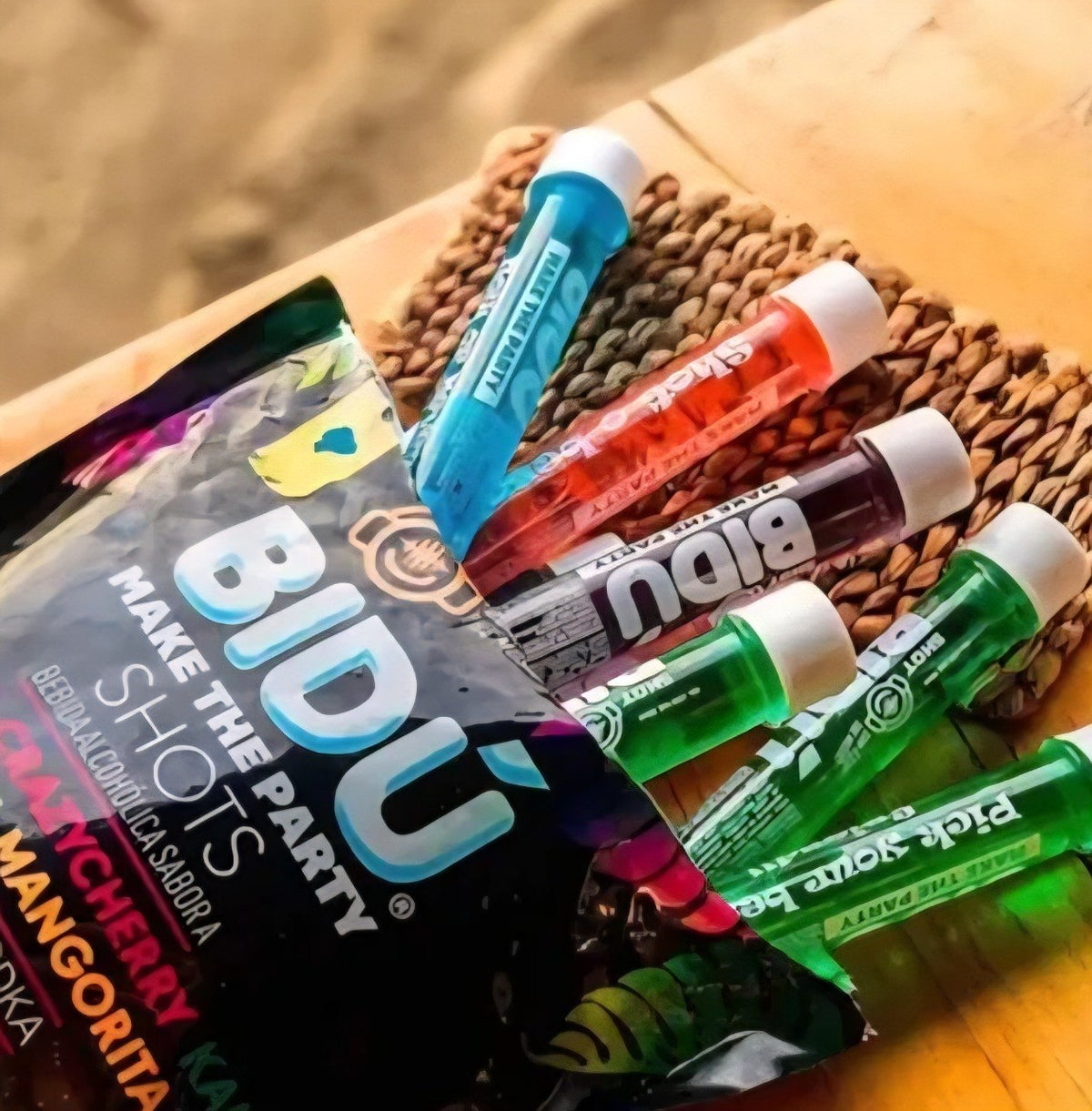 SET DE SHOTS SABORIZADOS SIN AZUCAR 15% GRADO DE ALCOHOL 20UND BIDU 30ML C/U