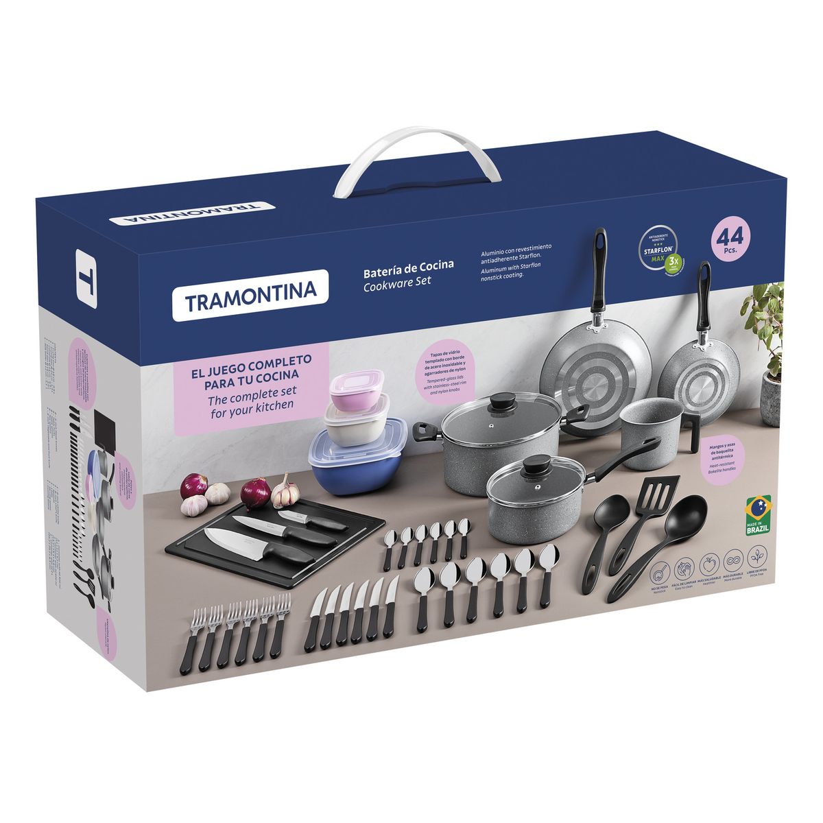 JUEGO DE COCINA COMPLETO CON OLLAS SARTENES CUCHILLOS Y CUBIERTOS 44PCS TRAMONTINA