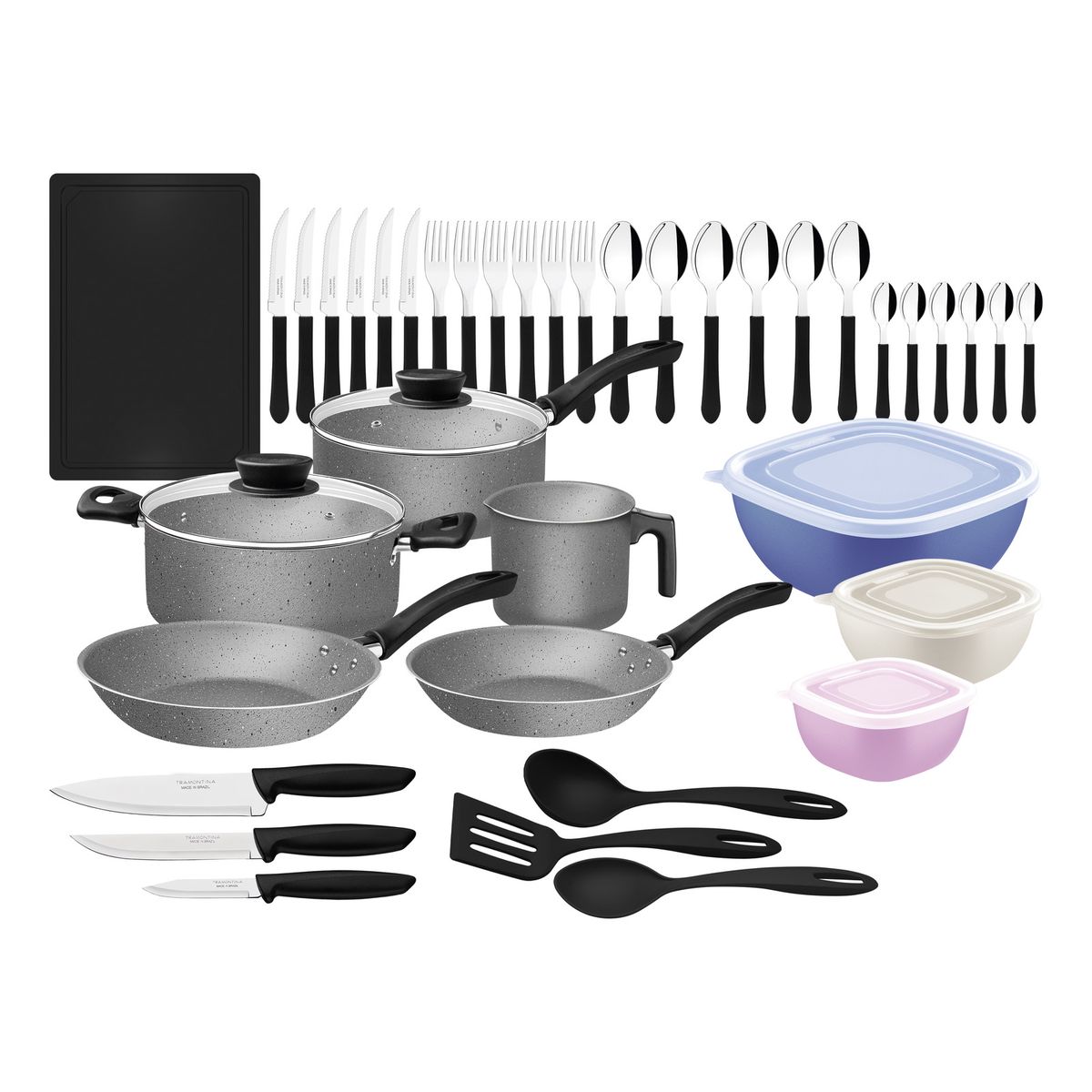 JUEGO DE COCINA COMPLETO CON OLLAS SARTENES CUCHILLOS Y CUBIERTOS 44PCS TRAMONTINA