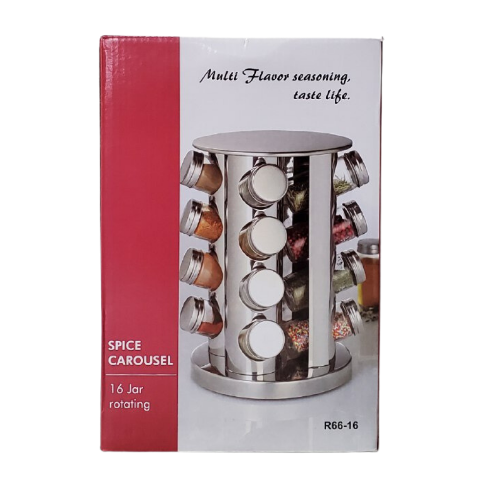 ORGANIZADOR ESPECIERO GIRATORIO DE ACERO INOXIDABLE DE 16 BOTES DE VIDRIO MULTI FLAVOR