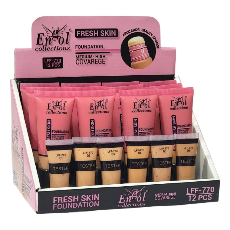 BASE DE MAQUILLAJE CORRECTORA CON APLICADOR DE ESPONJA, DISIMULA IMPERFECCIONES DE LA PIEL, ACABADO NATURAL CON VITAMINA E ENGOL COLLECTIONS 6 TONOS 40ML