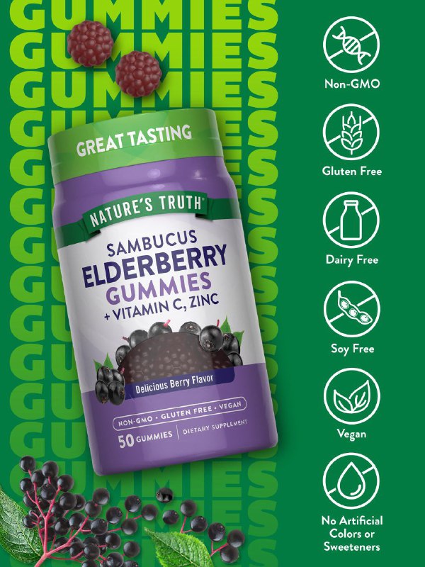 VITAMINAS EN GOMITAS DE SAUCO SAMBUCUS VITAMINA C, ZINC, SIN GLUTEN SABOR A BAYAS NATURE S TRUTH 50UND