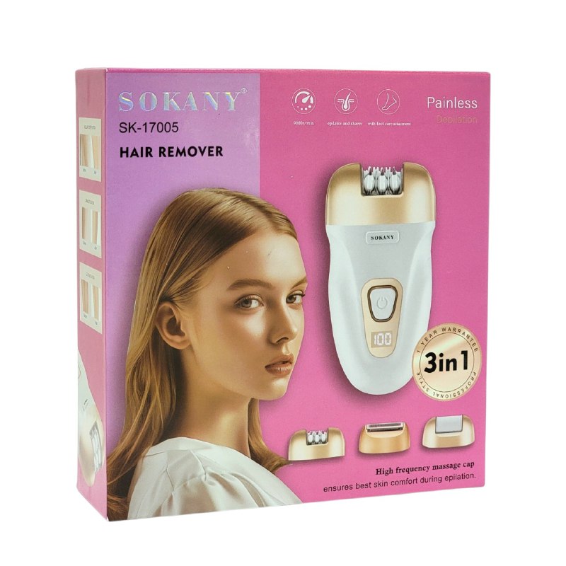 MAQUINA DEPILADORA 3 EN 1 PERSONAL, QUE COMBINA DEPILACION, RASURADO Y CUIDADO DE LOS PIES, CABLE DE CARGA USB SK-17005 SOKANY