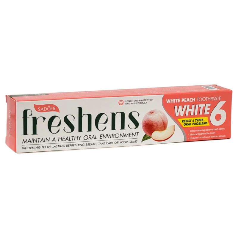 PASTA DE DIENTES, DE MELOCOTON, LIMPIA PROFUNDAMENTE LAS MANCHAS DIFICILES Y EL SARRO BLANDO DE LOS DIENTES, ELIMINA DIENTES AMARILLOS, CUIDA LAS ENCIAS Y REFRESCA EL ALIENTO SADOER 100G