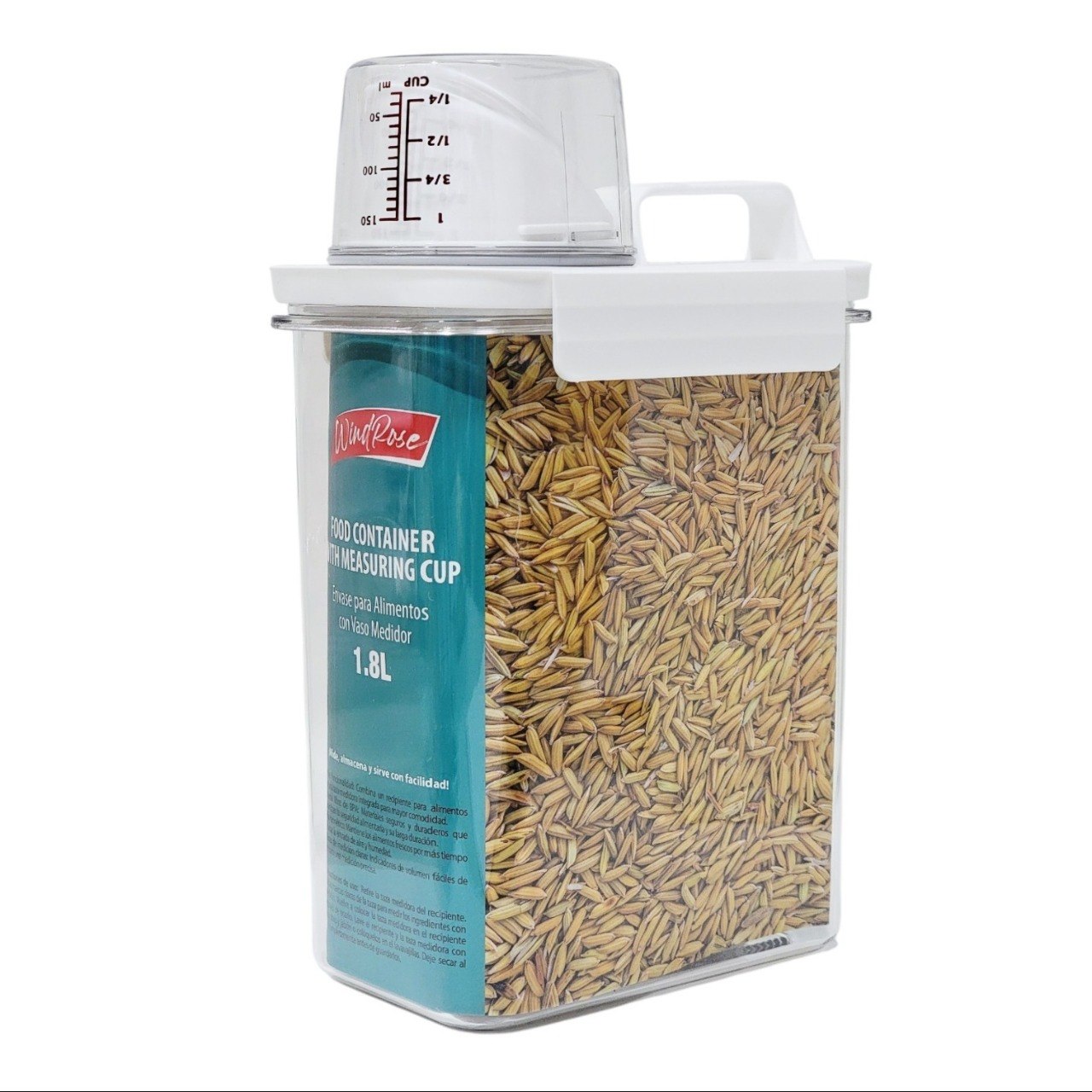 RECIPIENTE DE ALMACENAMIENTO PARA ALIMENTOS HERMETICO CON VASO MEDIDOR WINDROSE 1.8L 24X10X15CM