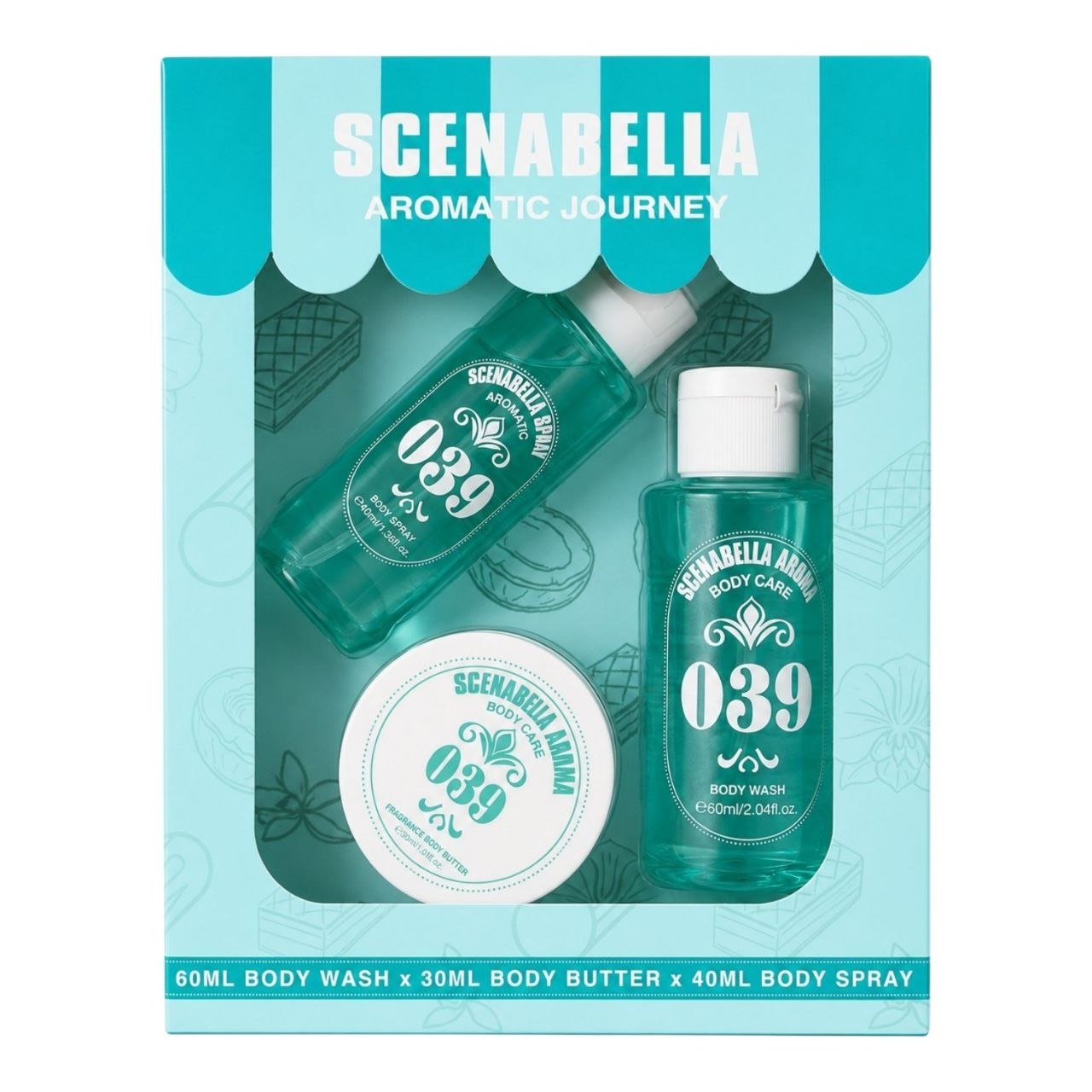 SET SCENABELLA AROMATIC JOURNEY 039 BODY SPRAY 40ML CREMA CORPORAL 30ML GEL DE DUCHA 60ML (M) (AROMA SIMILAR A SOL DE JANEIRO CHEIROSA 39)