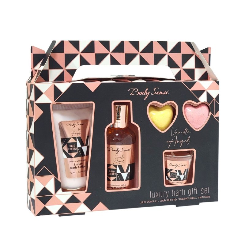 SET DE CUIDADO CORPORAL DE BAÑO DE VAINILLA Y MANDARINA, GEL DE DUCHA 125ML, CREMA CORPORAL 70ML, BOMBAS DE BAÑO 2, CANDELA AROMATICA BODY SENSE