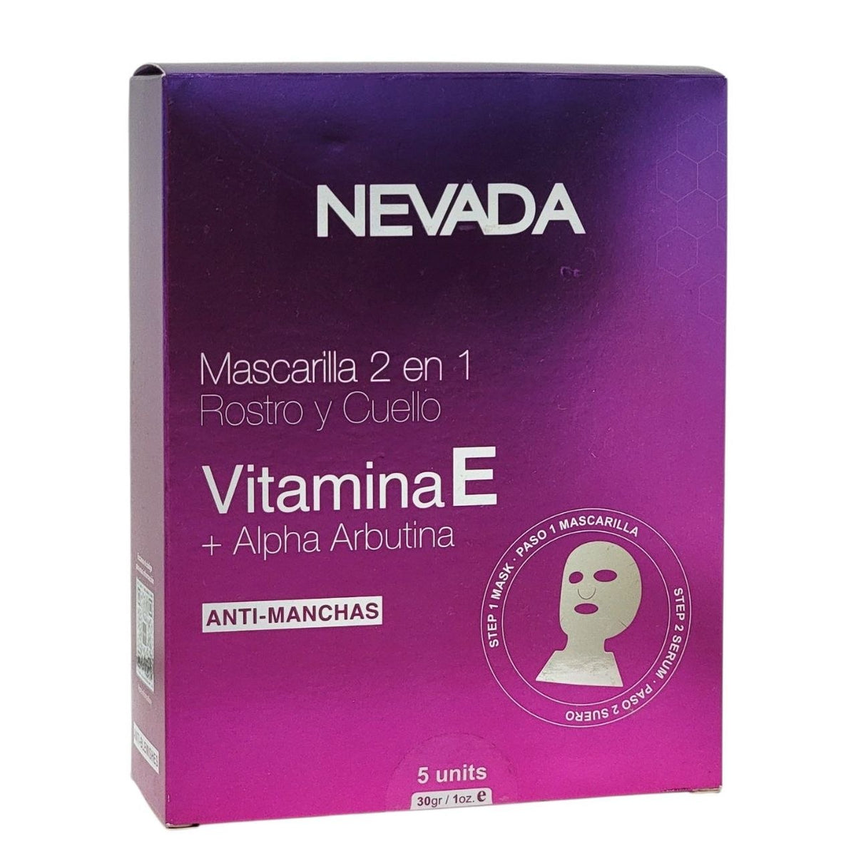 MASCARILLA FACIAL Y DE CUELLO DE TELA HIDRATANTE ANTIMANCHAS CON VITAMINA E Y ARBUTINA NEVADA 1OZ