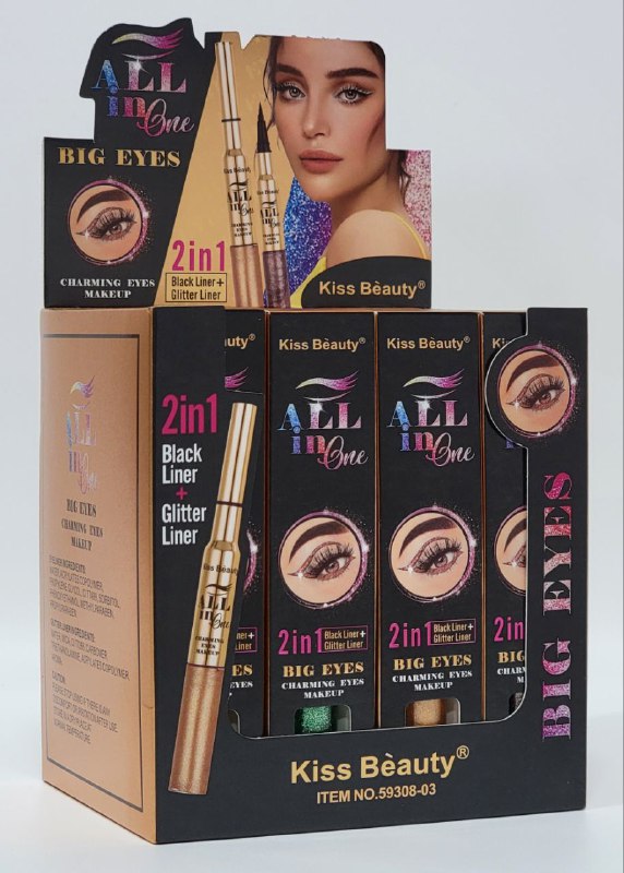 DELINEADOR DE OJOS 2 EN 1, DELINEADOR NEGRO Y DELINEADOR BRILLANTE 4 TONOS, ALL IN ONE KISS BEAUTY 0.8ML, 5ML