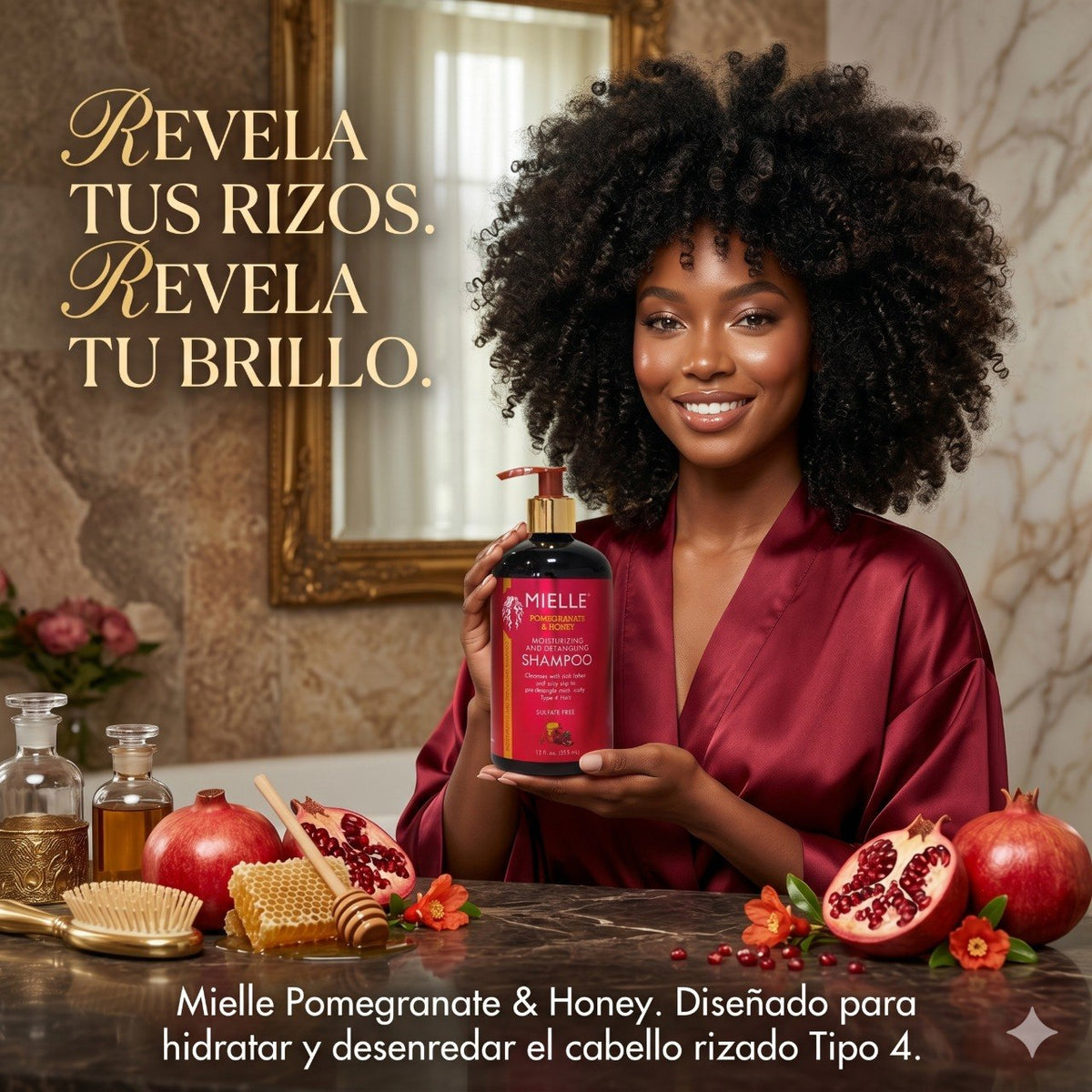 SHAMPOO HIDRATANTE Y DESENREDANTE PARA RIZOS CON EXTRACTO DE GRANADA Y MIEL MIELLE 335ML