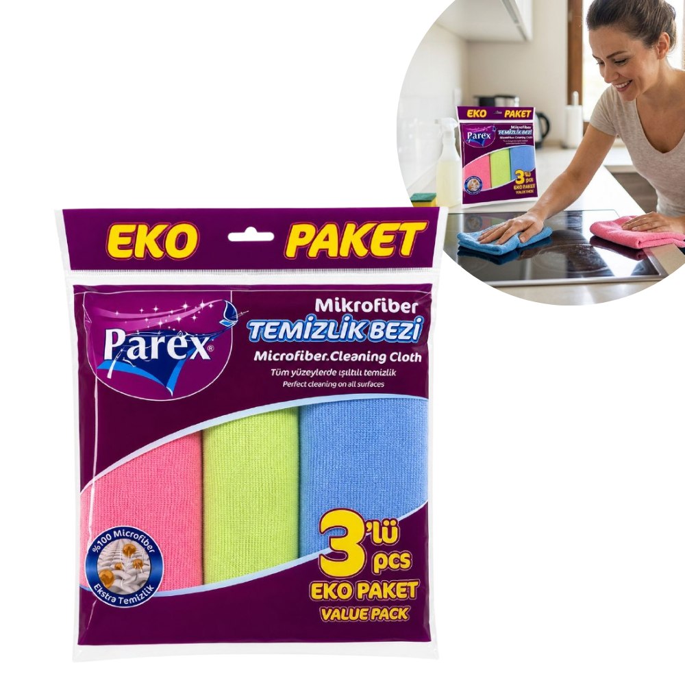 TOALLAS DE MICROFIBRA MULTIUSO 100% POLIESTER SEGURO Y EFECTIVO PARA LIMPIAR Y PULIR PAREX EKO 3 COLORES