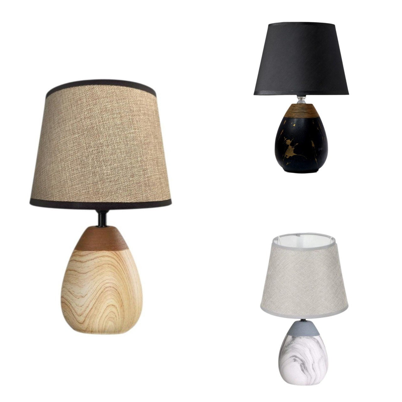 LAMPARA DECORATIVA DE MESA CON BASE CERAMICA Y PANTALLA DE TELA CON DISEÑO ORGANICO