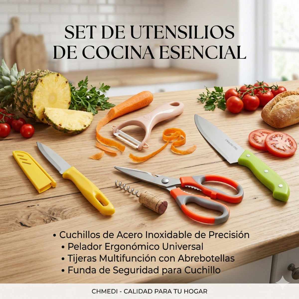 SET DE CUCHILLOS Y ACCESORIOS DE COCINA DE ACERO INOXIDABLE 5PCS HMEDI