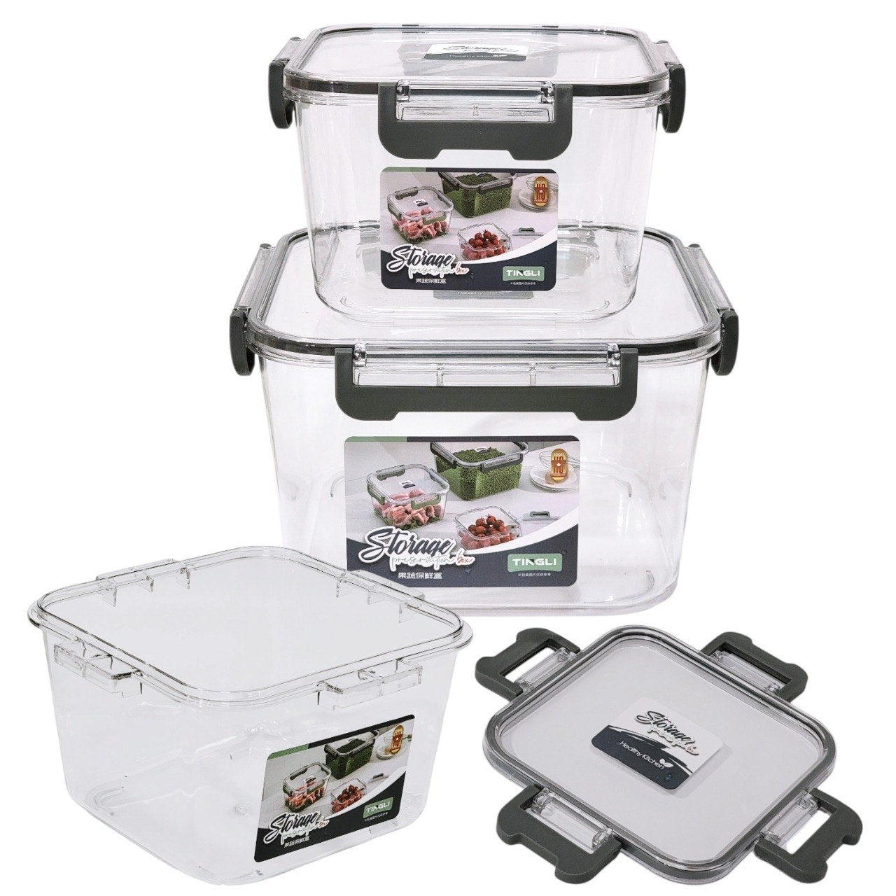 SET DE RECIPIENTES HERMETICOS CUADRADOS COLOR GRIS OSCURO 3PCS TINGLI 25CM 20CM 16CM