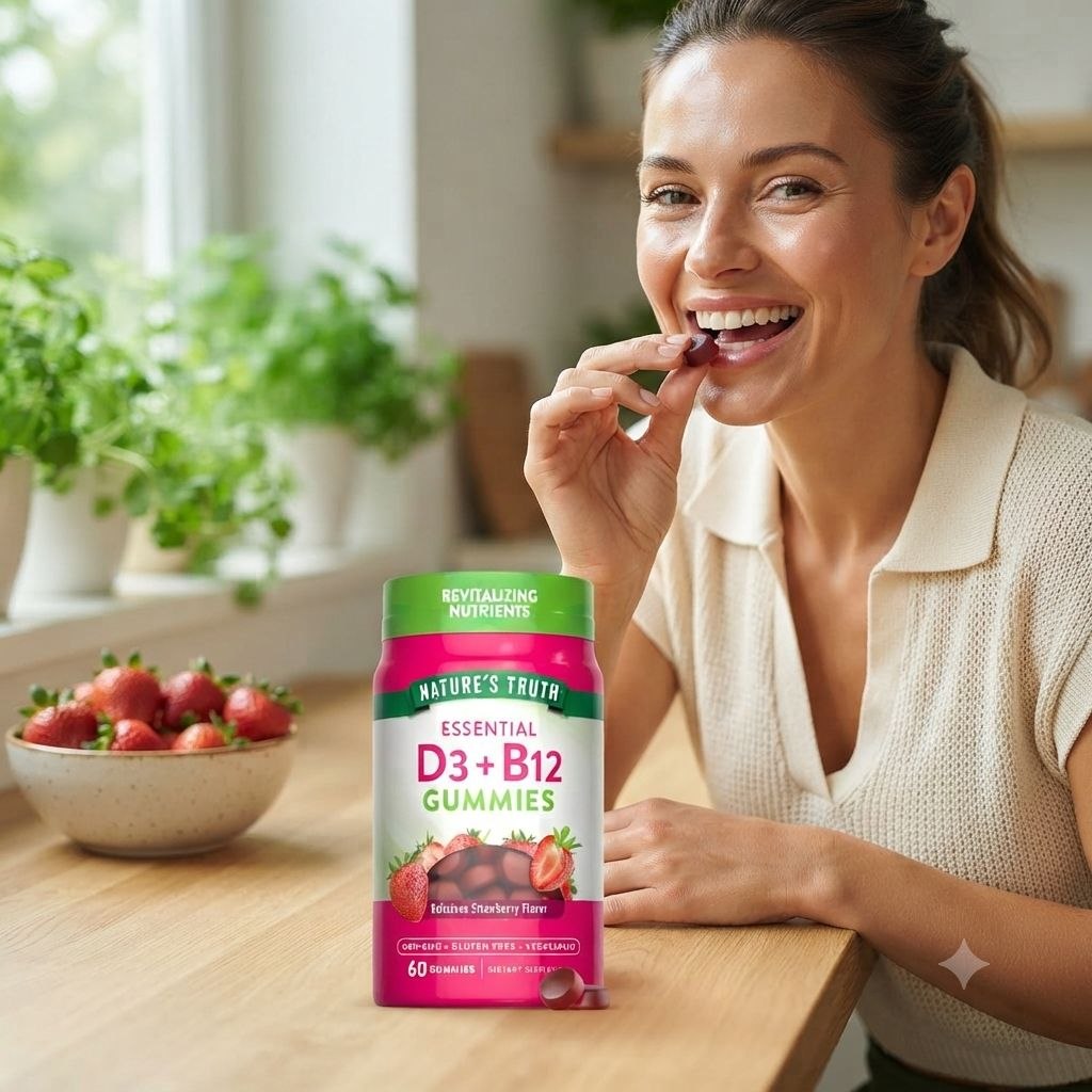 VITAMINAS EN GOMITAS D3+B12, SIN GLUTEN, SUPLEMENTO DIETETICO, DELICIOSO SABOR A FRESA NATURE S TRUTH 60UND