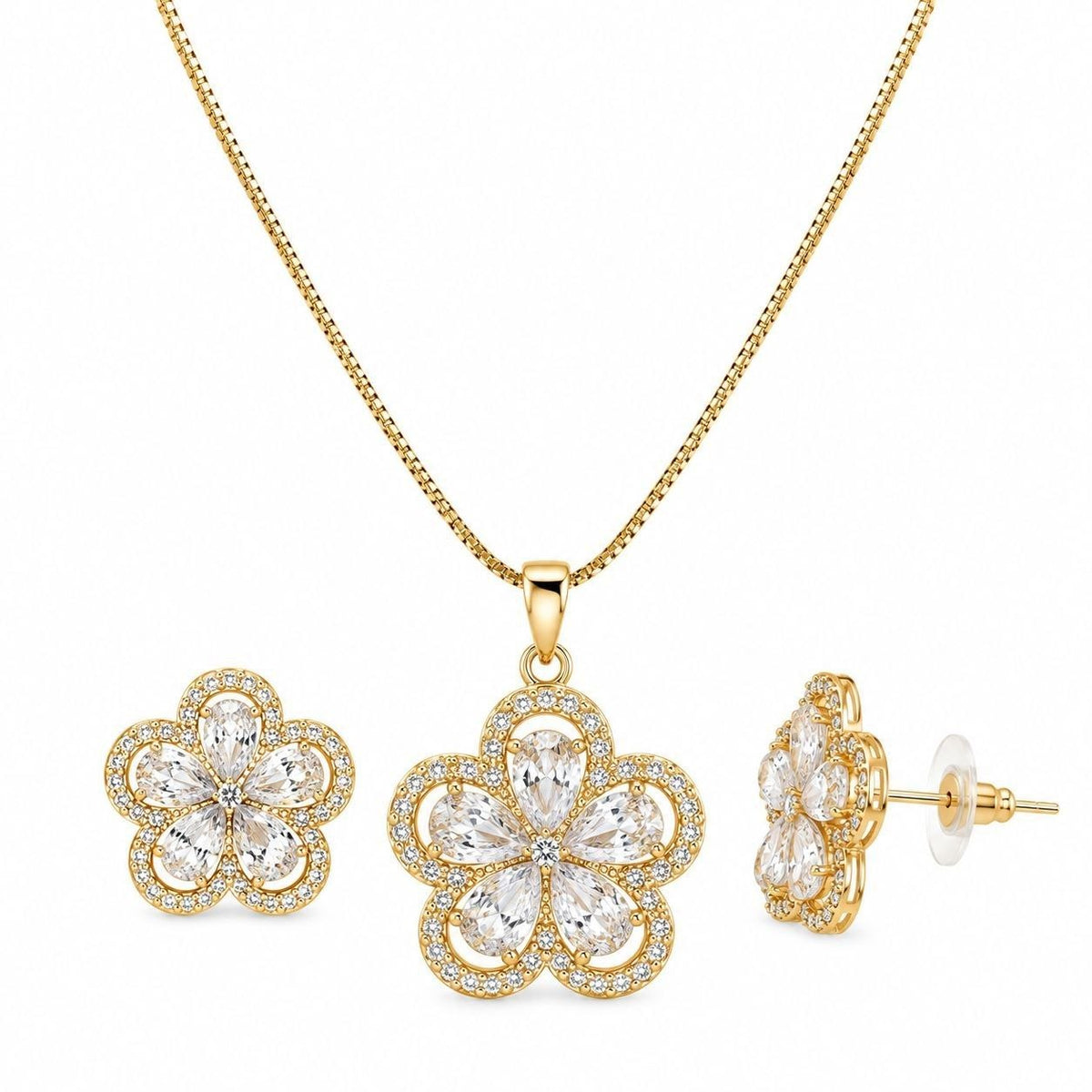 SET DE ENCHAPE PARA DAMA CADENA, DIJE Y TOPOS FLOR DE 5 PÉTALOS CON CIRCONES GOTA Y PAVÉ