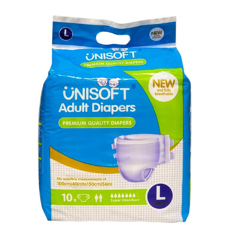 PAÑALES PARA ADULTOS DE CALIDAD PREMIUM SE ADAPTA A CINTURAS DE 100-150CM, DOBLE CAPA QUE ABSORBEN RAPOIDAMENTE UNISOFT TALLA L, 10UND