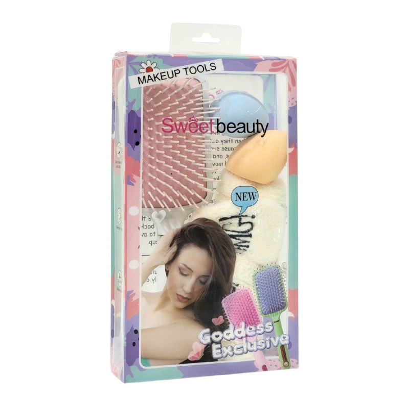 KIT DE CUIDADO FACIAL Y DE CABELLO, CEPILLO DESENREDANTE, ESPONJA MAQUILLAJE, VINCHA ELASTICA, 4 COLORES SWEET BEAUTY