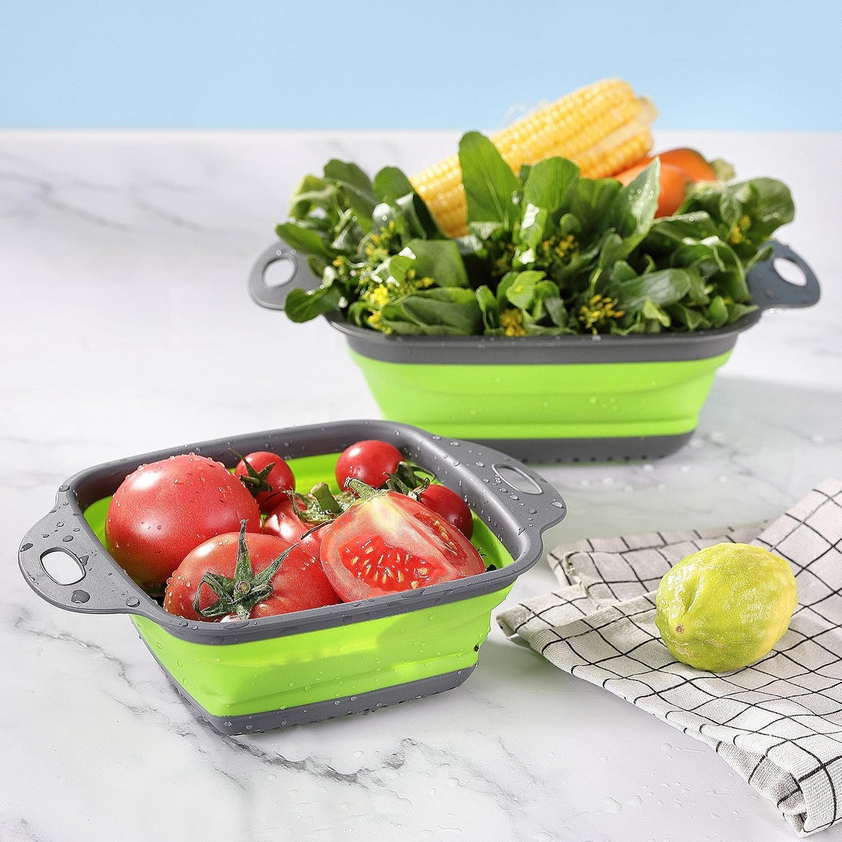 CANASTA COLADOR PLEGABLE DE SILICONA PARA COCINA EN SET DE 2 PIEZAS 25.5X18.5CM/22X29CM