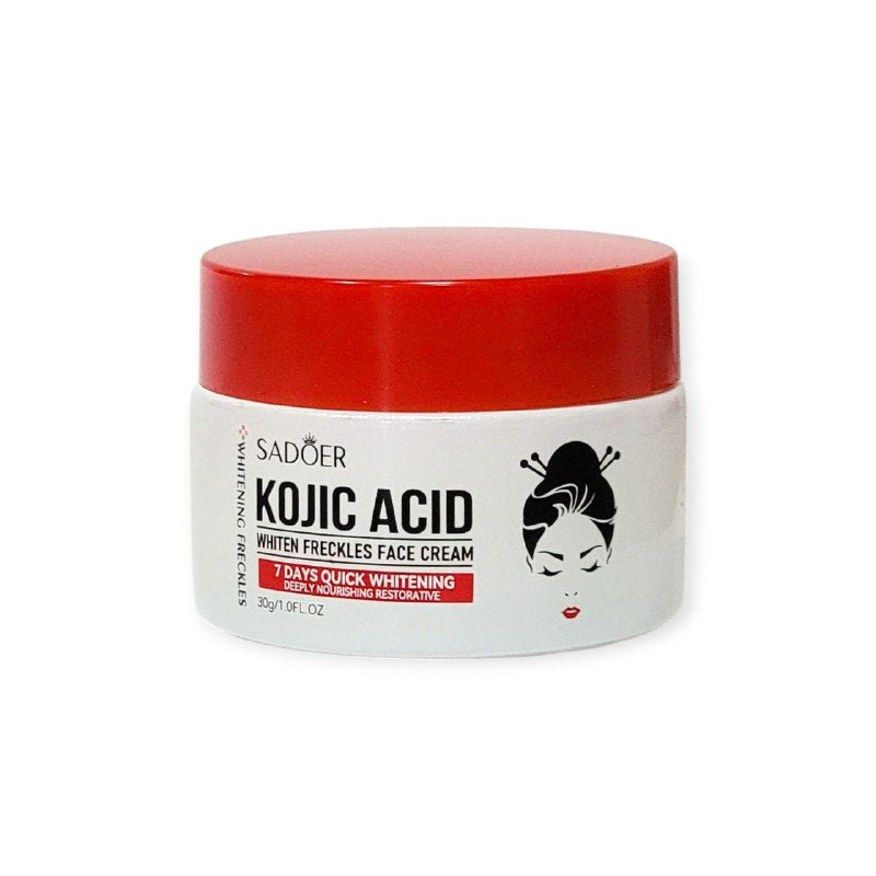 CREMA FACIAL BLANQUEADORA DE PECAS, CON ACIDO KOJICO, NIACINAMIDA, ACIDO HIALURONICO, HIDRATA, REAFIRMA, ANTIARRUGAS SADOER KOJIC ACID 30G