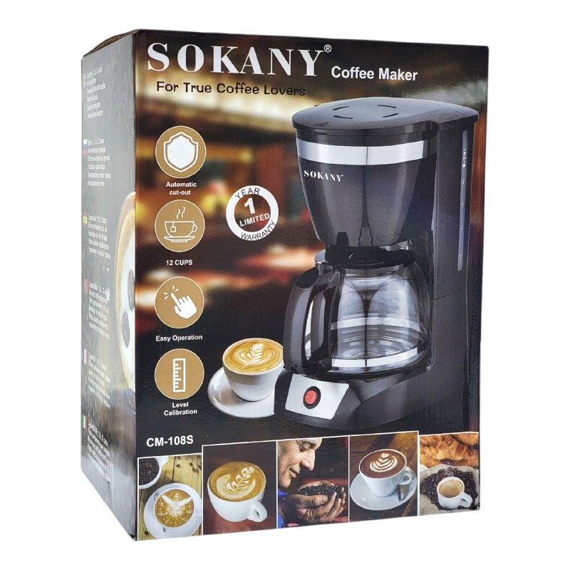 MAQUINA CAFETERA DE 12 TAZAS, 1.5L, FILTRO PERMANENTE DE NIVEL DE AGUA, ANTIADHERENTE, CALENTAMIENTO RAPIDO SOKANY COFFEE MAKER CM-108S