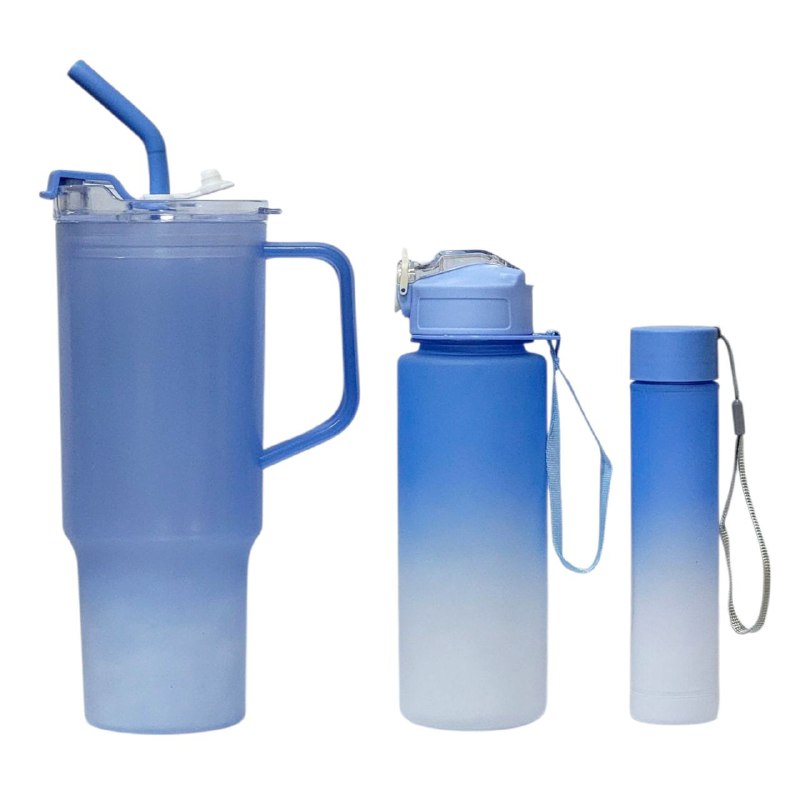 VASO TERMO PLASTICO CON ASA EN SET, 2 BOTES TERMOS MEDIANO Y PEQUEÑO, INCLUYE STICKERS, 3 COLORES