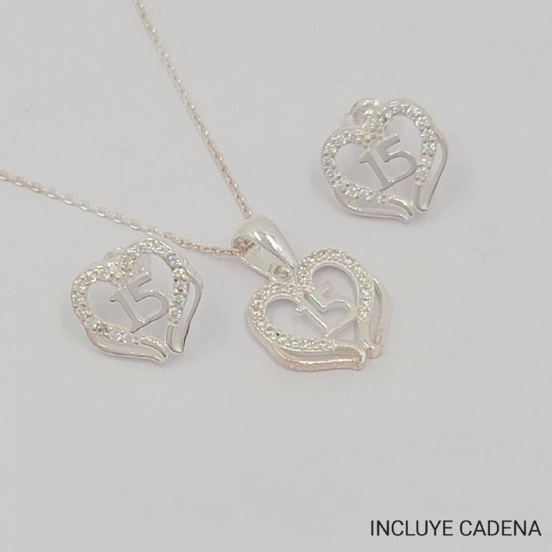 PSET2770 SET FORMA CORAZON 15 AÑOS PLATA 9.25