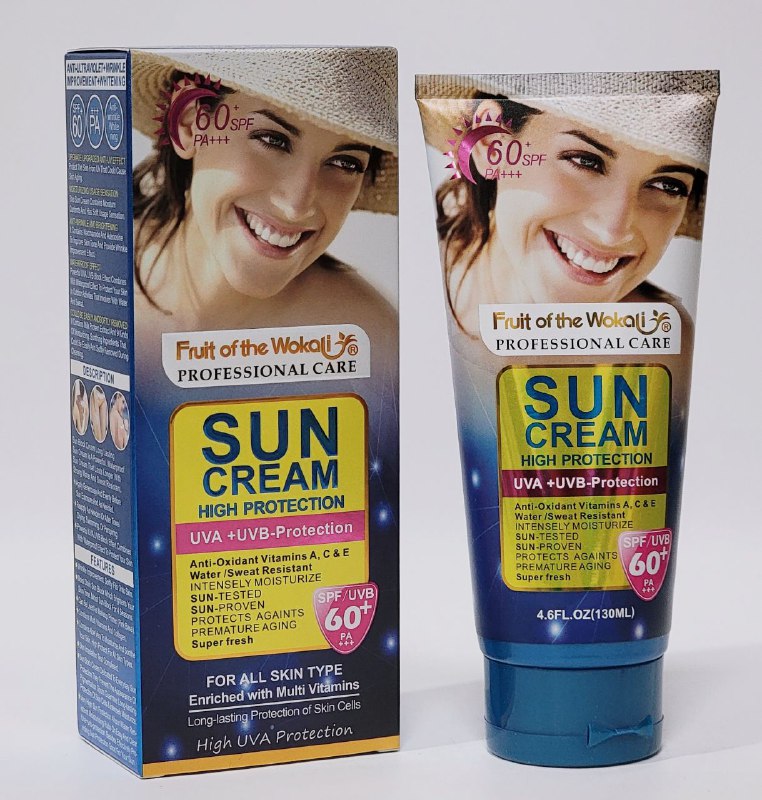 PROTECTOR SOLAR EN CREMA DE ALTA PROTECCION SPF60, PROTECCION CONTRA RAYOS UV, VITAMINAS ANTIOXIDANTE A,C Y E, RESISTENTE AL AGUA Y SUDOR FRUIT OF THE WOKALI 130ML