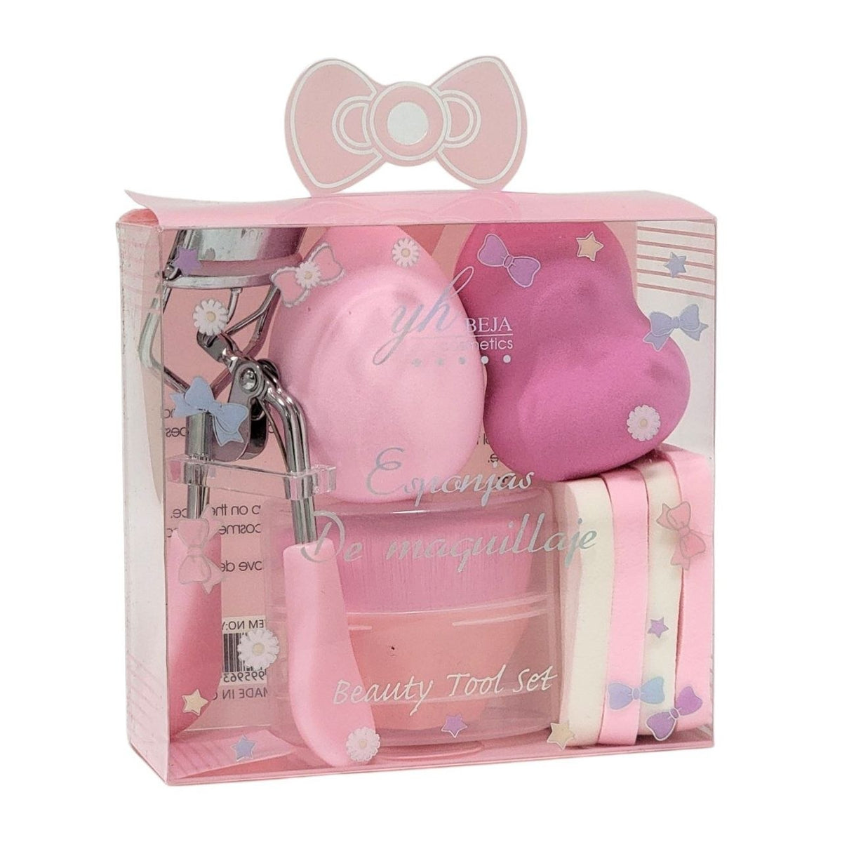 SET DE HERRAMIENTAS DE BELLEZA RIZADOR DE PESTAÑAS ESPONJAS TIPO BEAUTY BLENDER Y BORLAS YH BEJA COSMETICS