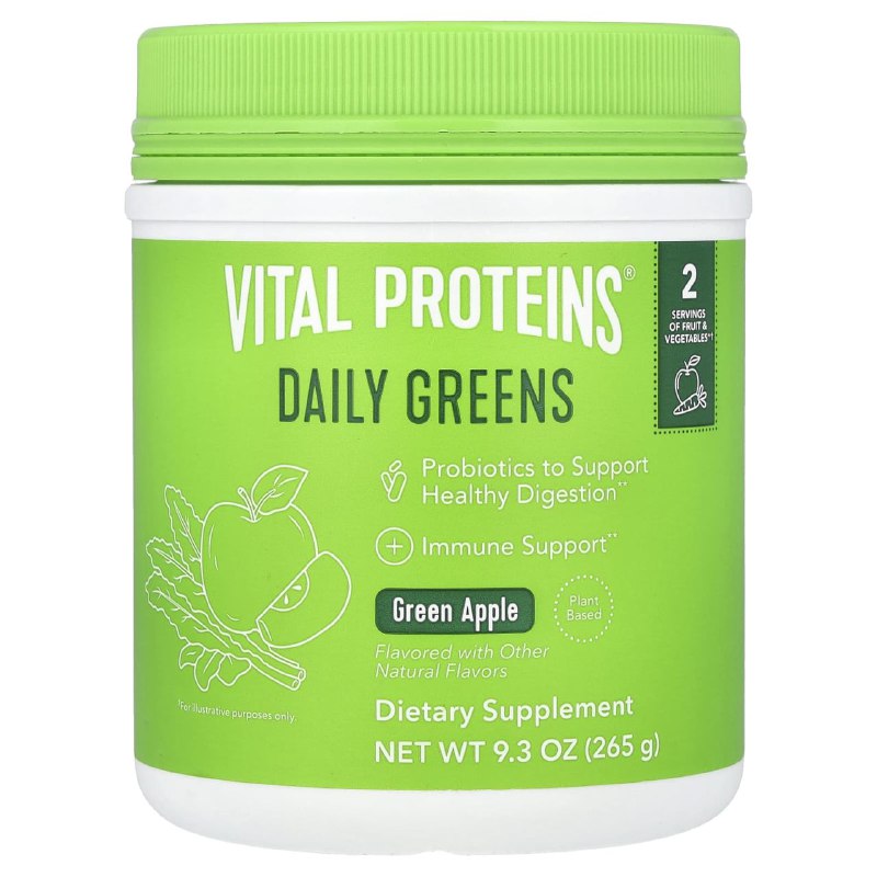 VITAMINAS EN POLVO, SUPLEMENTO PROBIOTICOS PARA FAVORECER UNA DIGESTION SALUDABLE, APOYO INMUNOLOGICO A BASE DE PLANTAS SANOR MANZANA VERDER VITAL PROTEINS DAILY GREENS 265G