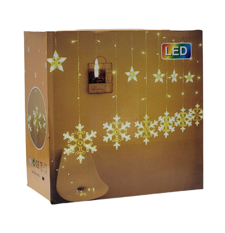 LUCES DECORATIVAS NAVIDEÑAS CORTINA DE LUCES LED FORMA DE ESTRELLA Y COPOS DE NIEVE 8 MODOS DE LUZ 20X9.5X20CM
