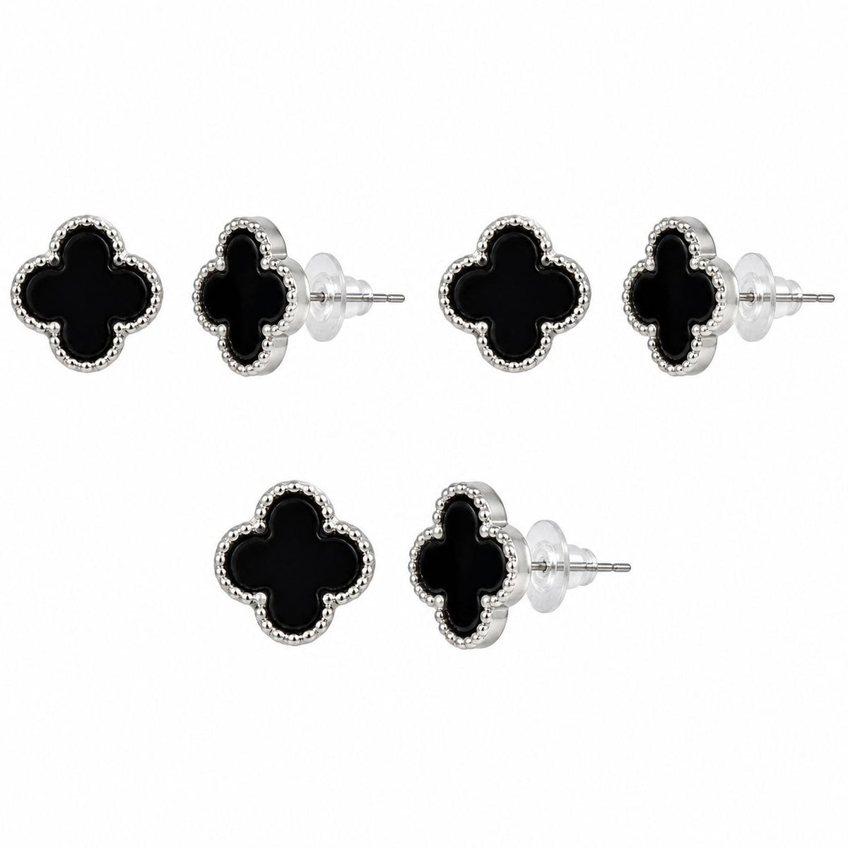 SET DE 3 PARES DE ARITOS DE ENCHAPE PARA DAMA TRÉBOLES DE CUATRO HOJAS ESMALTADOS NEGROS CON BORDE PUNTEADO